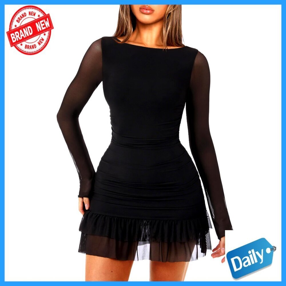 Boat Neck Bodycon Mini Dress Long Sleeve Ruffle Mesh Y2K Elegant Party Wear